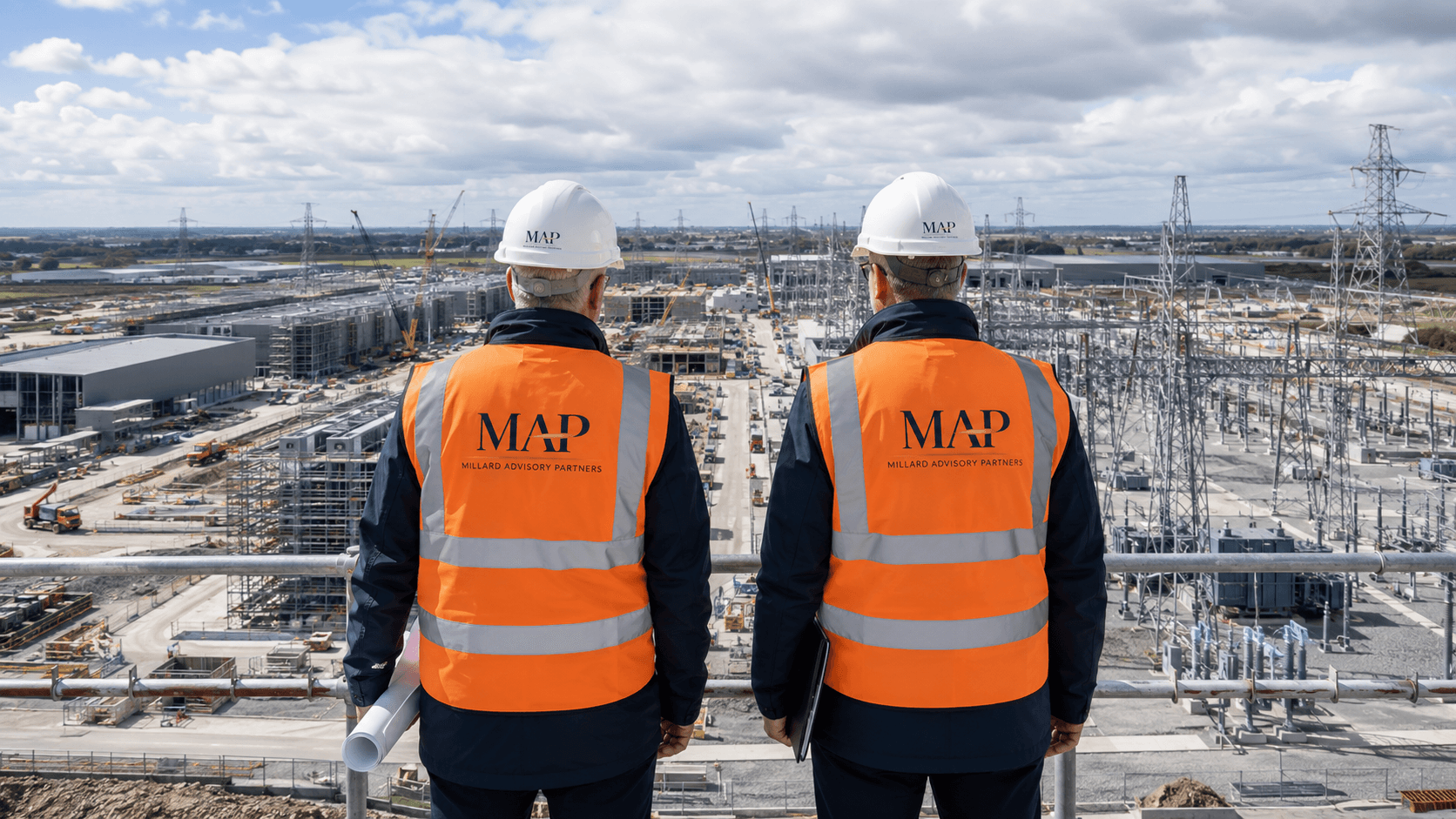 Two MAP consultants in branded hi-vis and hard hats at a railing, overlooking a major energy construction site — substation steelwork, cranes and transmission towers stretching to the horizon.